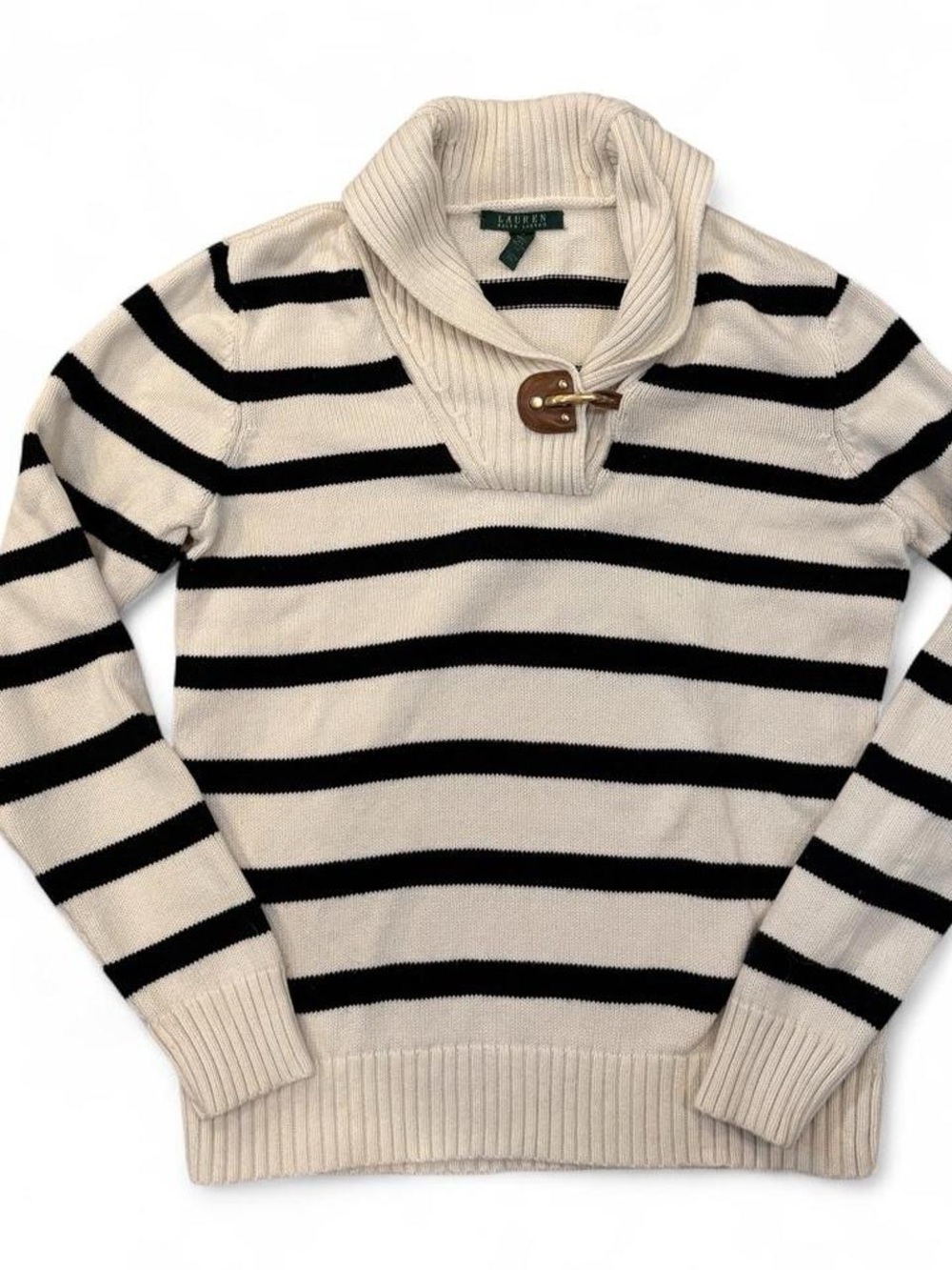 Ralph Lauren Cream and Black Striped Turtleneck Toggle Sweater